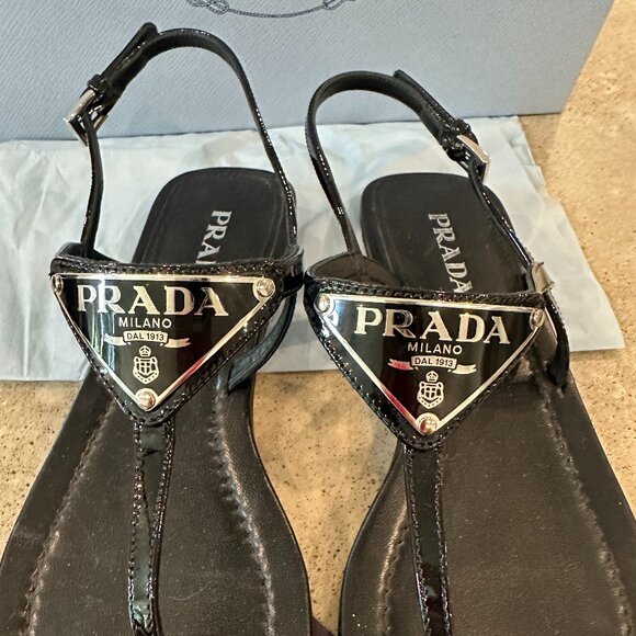 Prada Leather logo Sandals 39.5  $900 Lg triangle emblem with Box - Picture 3 of 7